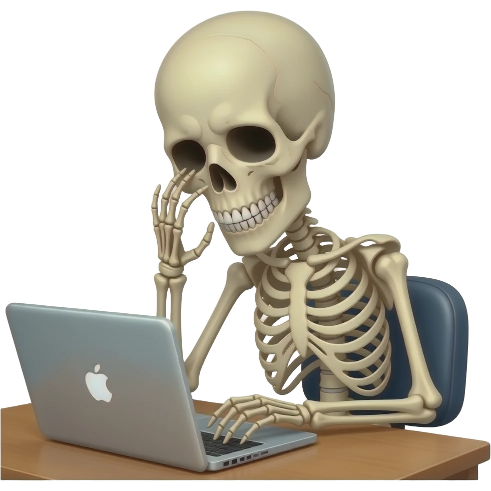 A skeleton sitting at the desk with a laptop, looking exhausted, waist and up view emoji