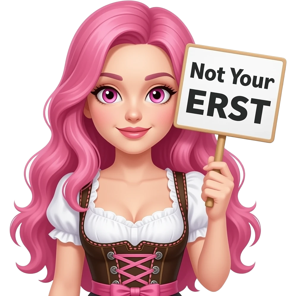 sexy girl with long pink hair and pink eyes wearing a dirndl holding a Not Your ERNST sign emoji