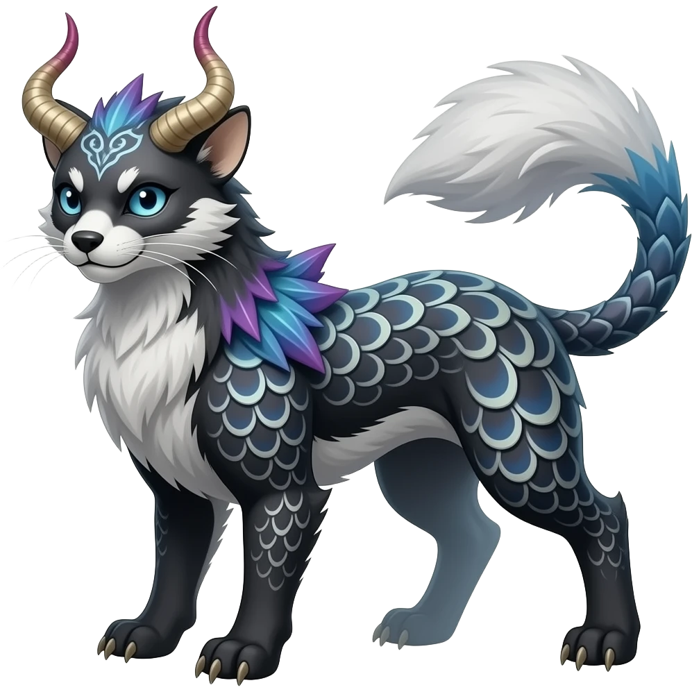 Horned unique-patterned damask spooky ghostly evil finned stylish aesthetic quadrupedal fuzzy fury scaly feral fantasy-Civet-Luxray-Corsola-Amaura-Aurorus-Primarina-Vaporeon-Milotic-Furret-Fakémon-fusion-hybrid-creature emoji