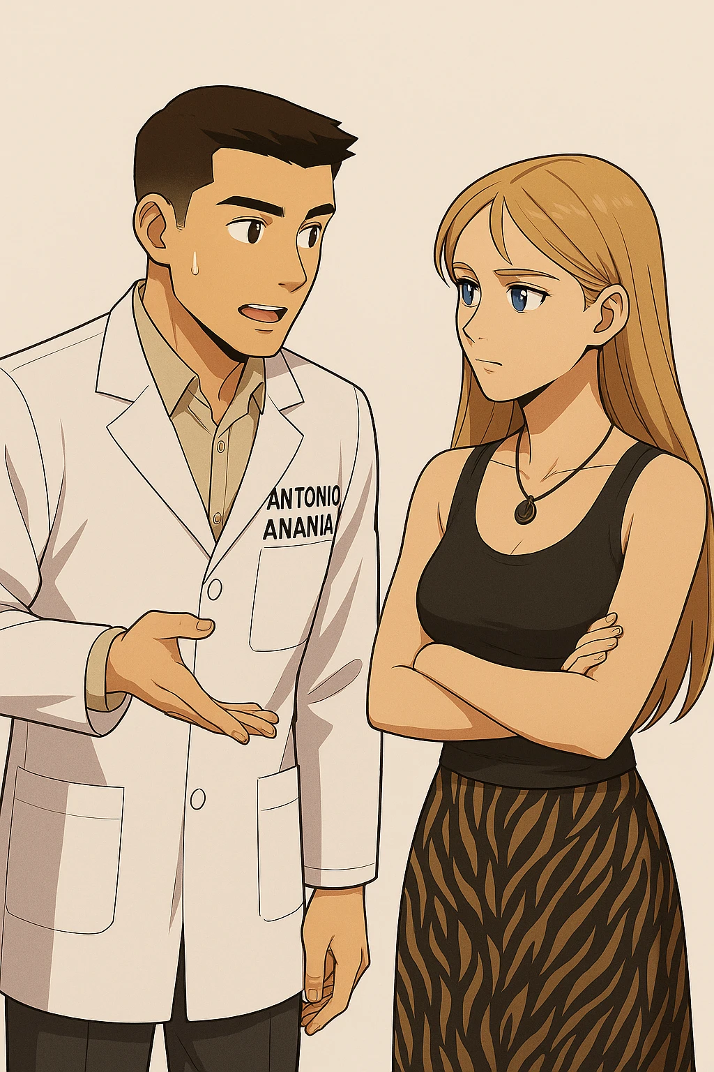 fai un webtoon/manga a colori con questo kinesiologo in camice bianco (fagli la scritta "ANTONIO ANANIA" SUL CAMICE) CHE PARLA CON QUESTA RAGAZZA CON GLI OCCHI AZZURRI. la ragazza gli fa una domanda e IL KINESIOLOGO CON IL CAMICE BIANCO LE risponde. NON FARE I FUMETTI, FAI SOLO LORO COME SE DIALOGASSERO emoji