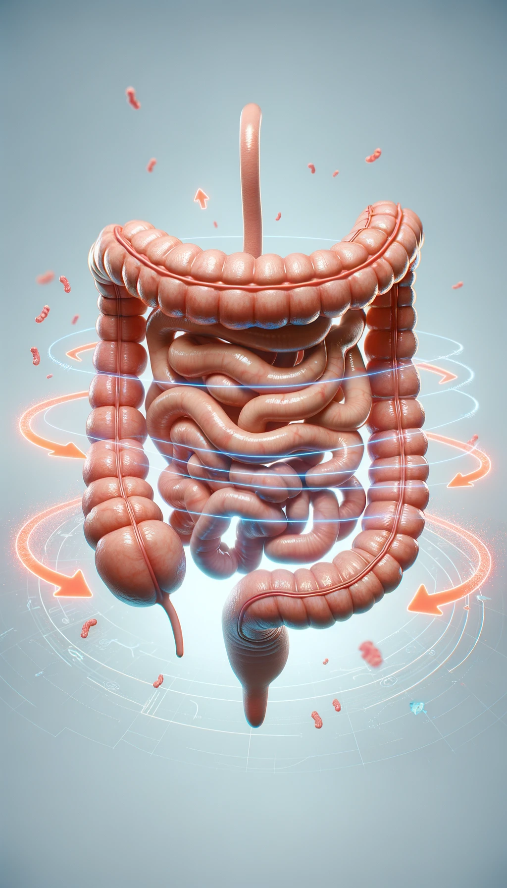 intestino umano anatomico con frecce 3d che gli girano intorno, sfondo chiaro, iperrealistico 4k emoji
