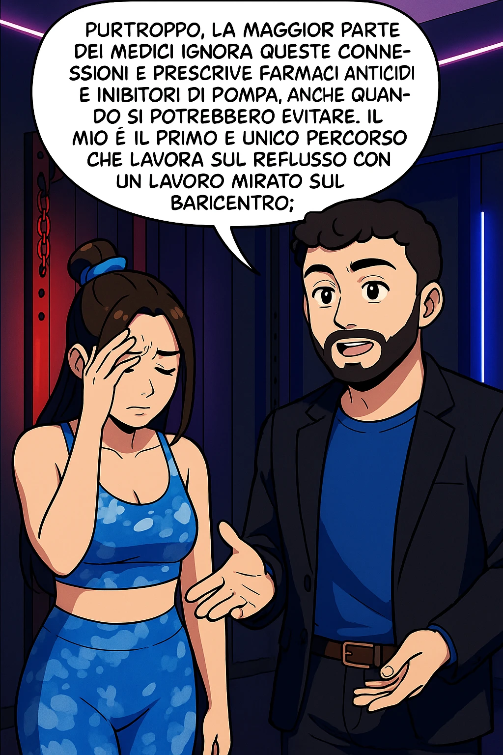 TRASFORMA QUESTO CAROSELLO IN UN FUMETTO STILE WEBTOON/MANGA A COLORI CON QUESTE DUE PERSONE IDENTICHE CHE INTERLOQUISCONO TRA LORO, L'uomo sta spiegando alla donna questo concetto MENTRE LA DONNA SI TIENE la mano sulla fronte sconcertata:

LUI (UOMO): Purtroppo, la maggior parte dei medici ignora queste connessioni e prescrive farmaci antiacidi e inibitori di pompa, anche quando si potrebbero evitare.
Il mio è il primo e unico percorso che lavora sul reflusso con un lavoro mirato sul baricentro; emoji