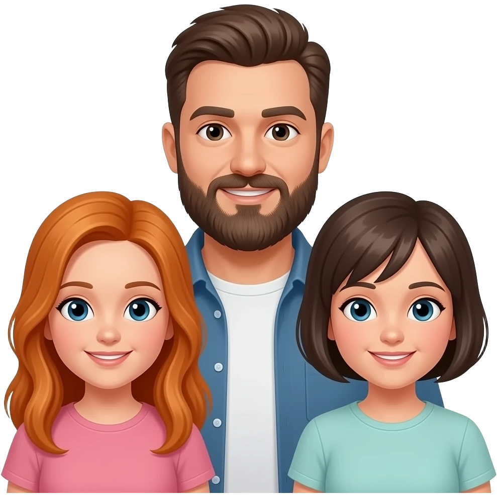 un hombre com mucha barba barba y con poco pelo con dos niñas una  niña pelo ruvio y  largo y otra de pelo corto emoji