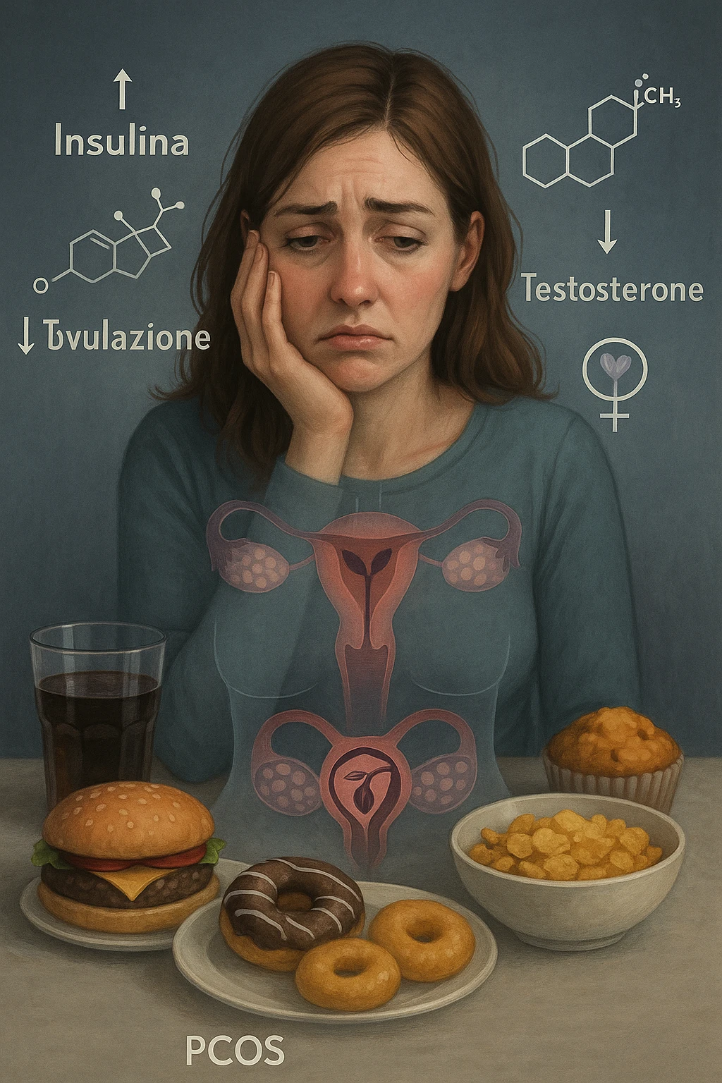Donna tra i 25 e i 35 anni con espressione affaticata e delusa, seduta a tavola. Davanti a lei cibi ad alto indice glicemico: dolci industriali, cereali raffinati, bibite zuccherate. In trasparenza sopra il suo corpo si vedono ovaie con cisti multiple (PCOS) e un simbolo stilizzato di fertilità (utero con fiore appassito o cerchio spezzato). Attorno a lei fluttuano molecole simboliche come '↑ Insulina', '↑ Testosterone', '↓ Ovulazione'. Atmosfera triste ma educativa. Colori freddi con accenti in rosso e viola. Stile realistico con elementi visivi simbolici chiari in italiano emoji