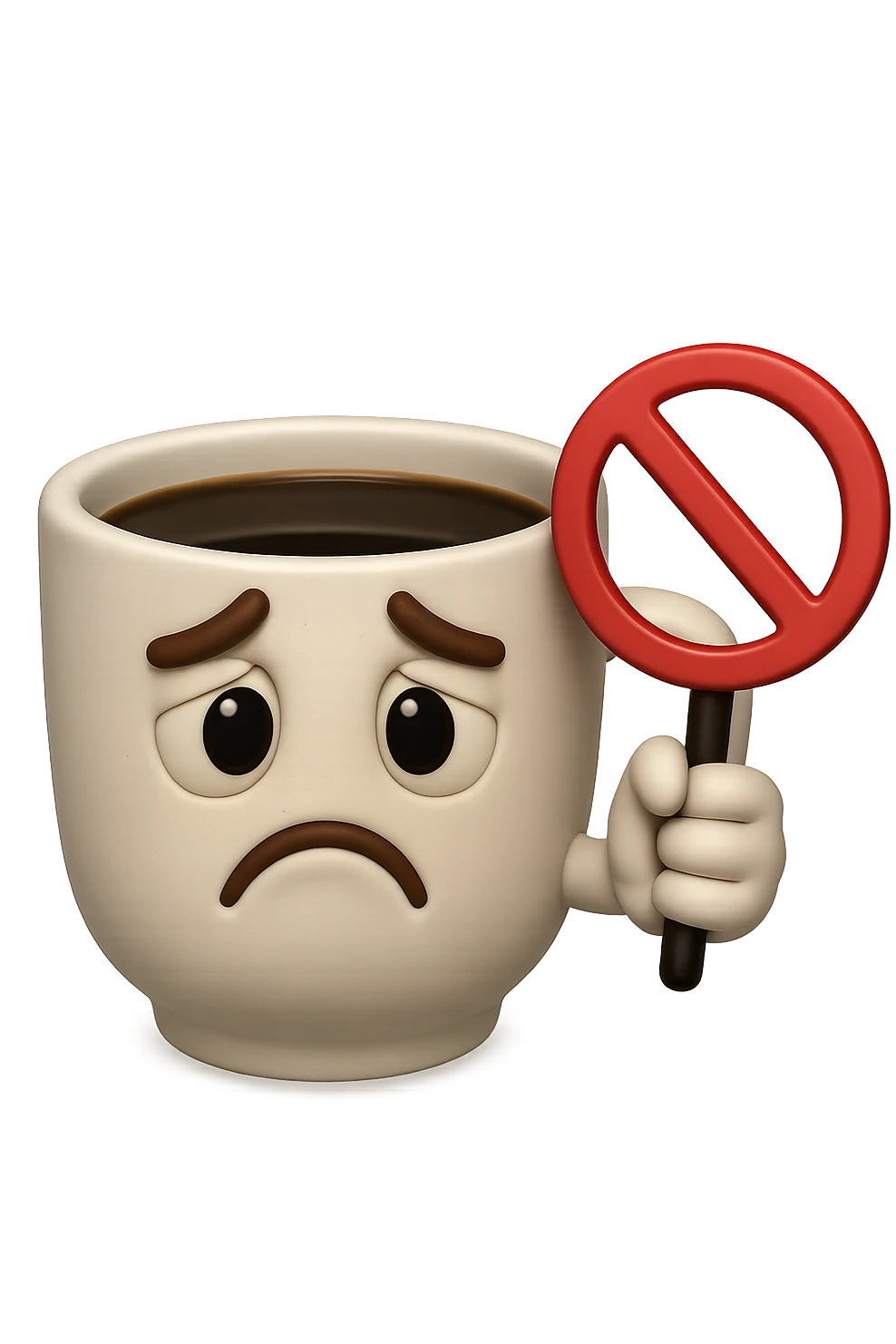 emoji stile iphone di una tazzina di caffè con espressione triste in volto mentre tiene un divieto in mano, iperrealistico 4k emoji