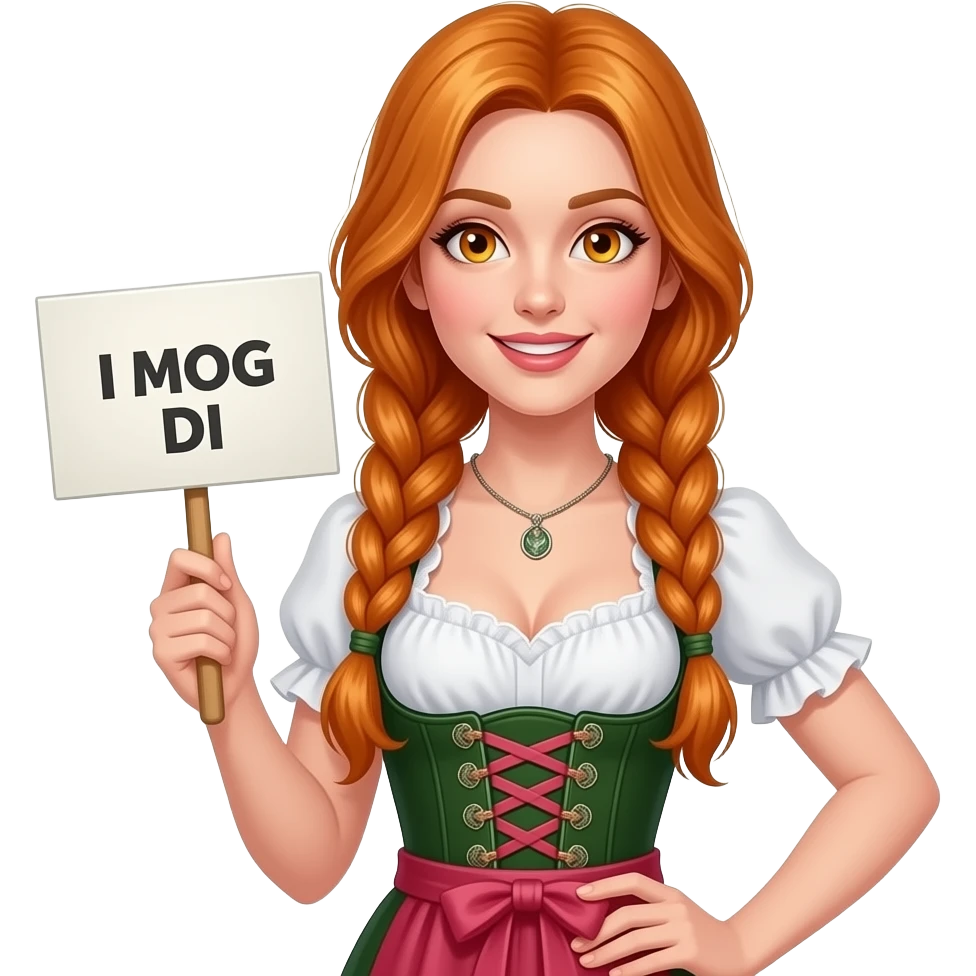 sexy girl with overlong ginger hair in braids and ginger eyes wearing a dirndl holding a I MOG DI sign emoji