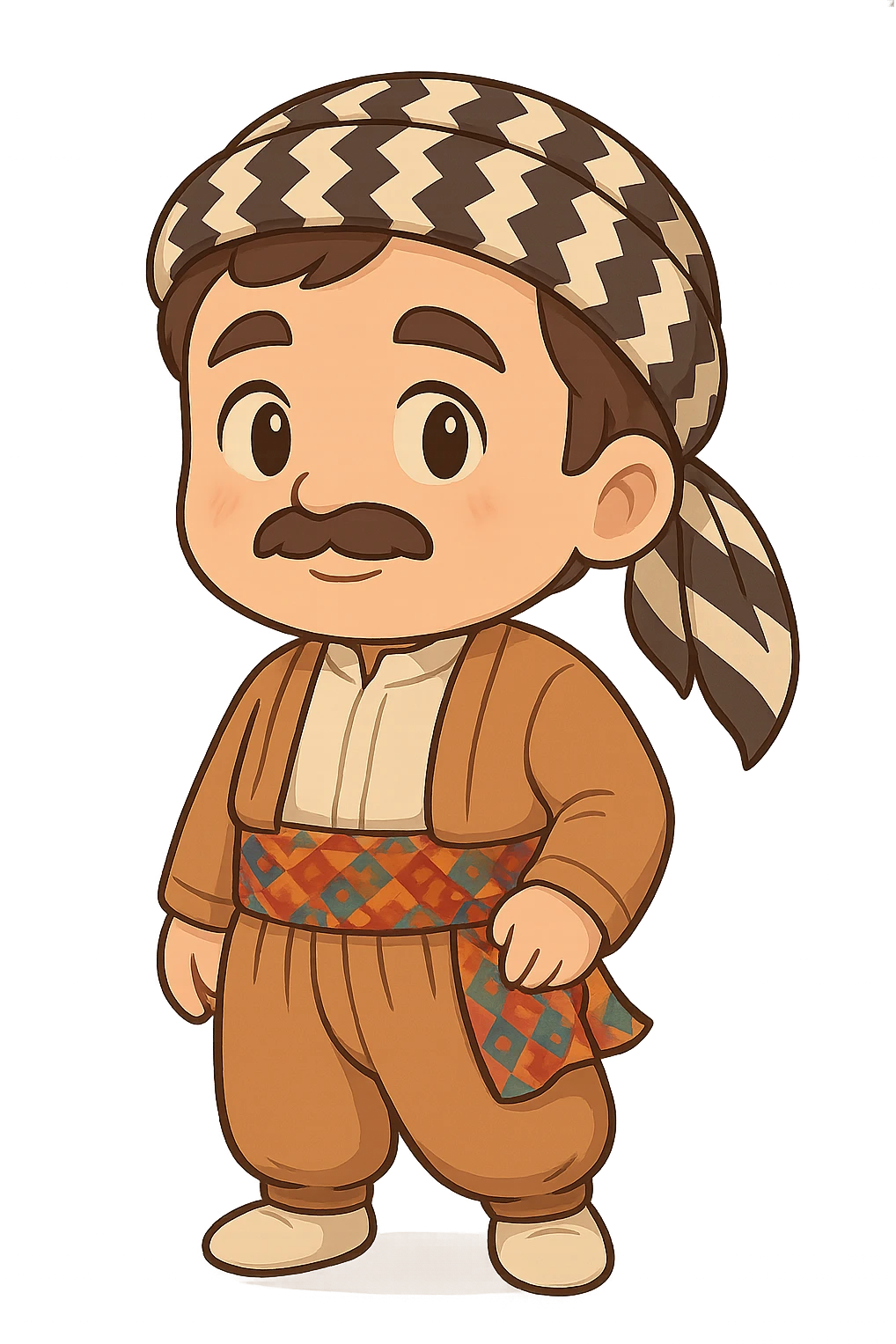 Create a chibi Kurdish cartoon sticker based on the reference image, showing an anticipating (waiting/expecting) expression, with a transparent background. emoji