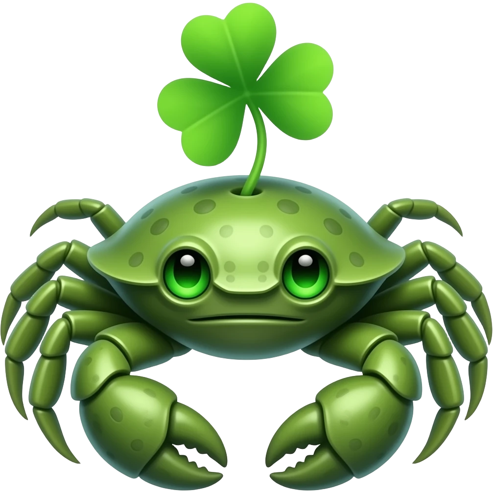 A green crab with a green  clover growing on its back on its back green eyes glowing eyes facing forward emoji