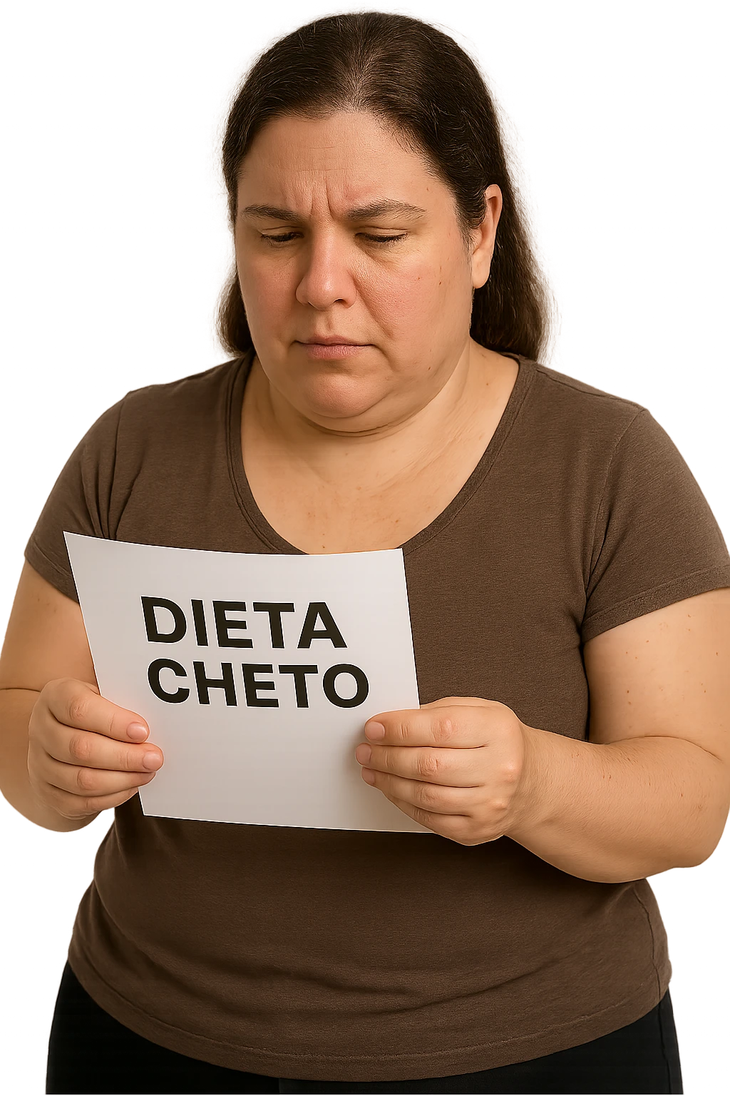 donna realistica leggermente in sovrappeso che legge un foglio con la scritta "dieta Cheto", sfondo bianco, iperrealistica 4k, IPERREALISTICA 4K emoji