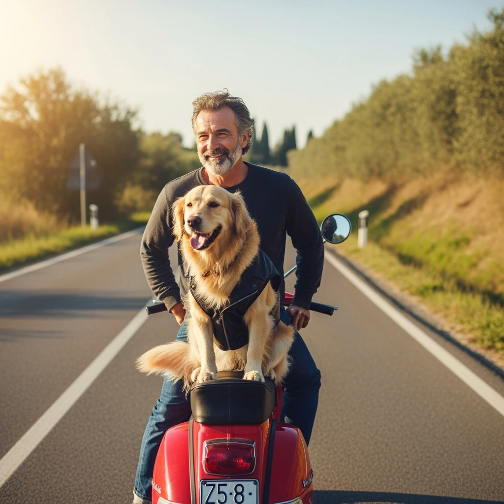 man and his pet dog riding a vespa emoji