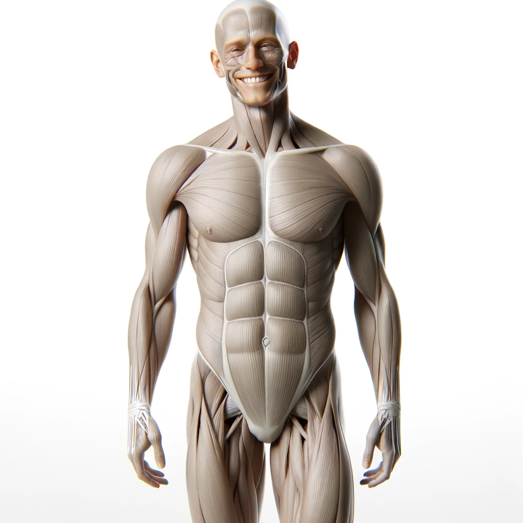 corpo umano anatomico a figura intera che sorride rilassato, iperrealistico 4k, isolato su sfondo bianco emoji