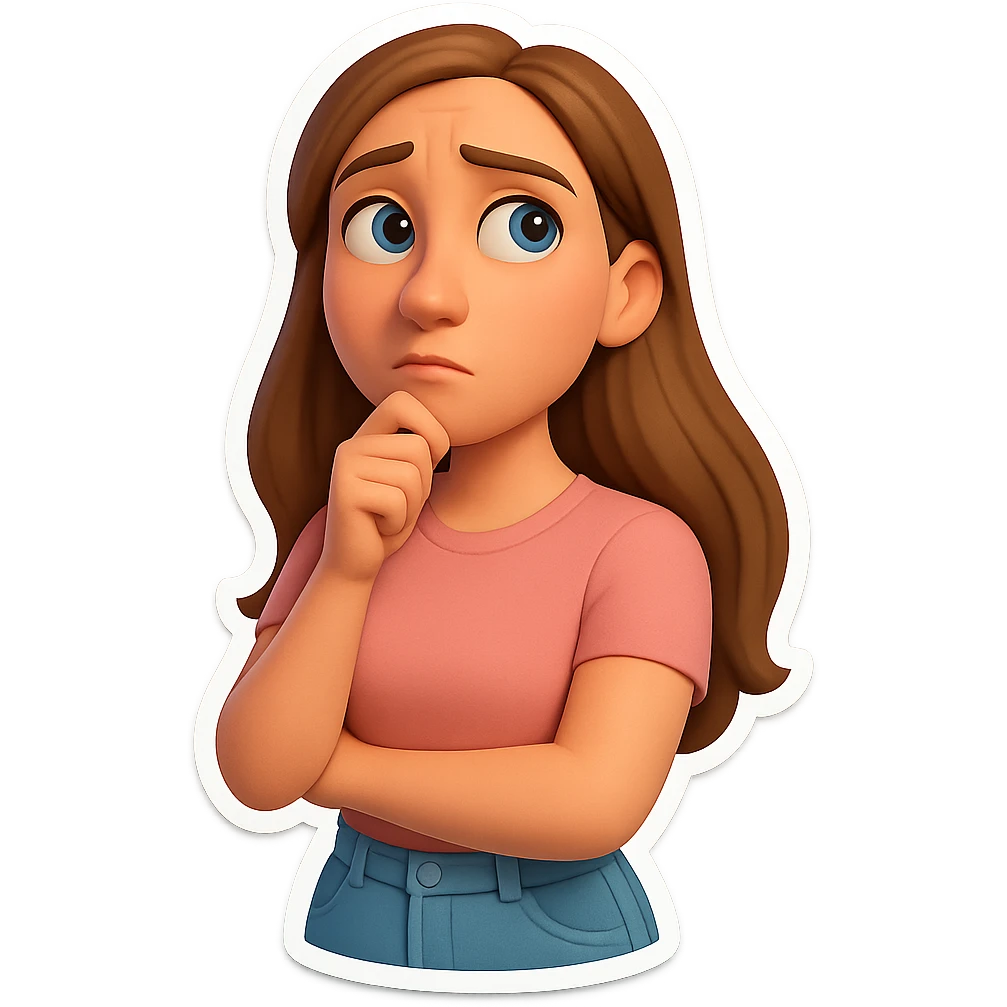 3D cartoon sticker, DreamWorks style of a 30-year-old woman with long light brown hair below shoulder blades, fair skin, large expressive blue eyes, slight bump on nose, wearing a pastel pink t-shirt and light blue mom jeans, thoughtful expression, soft light, white sticker outline emoji