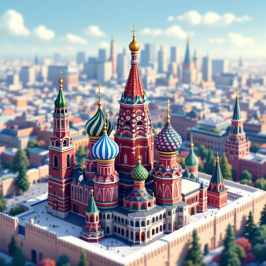 Isometric illustration of Moscow, featuring photorealistic Saint Basil's Cathedral with colorful onion domes emoji