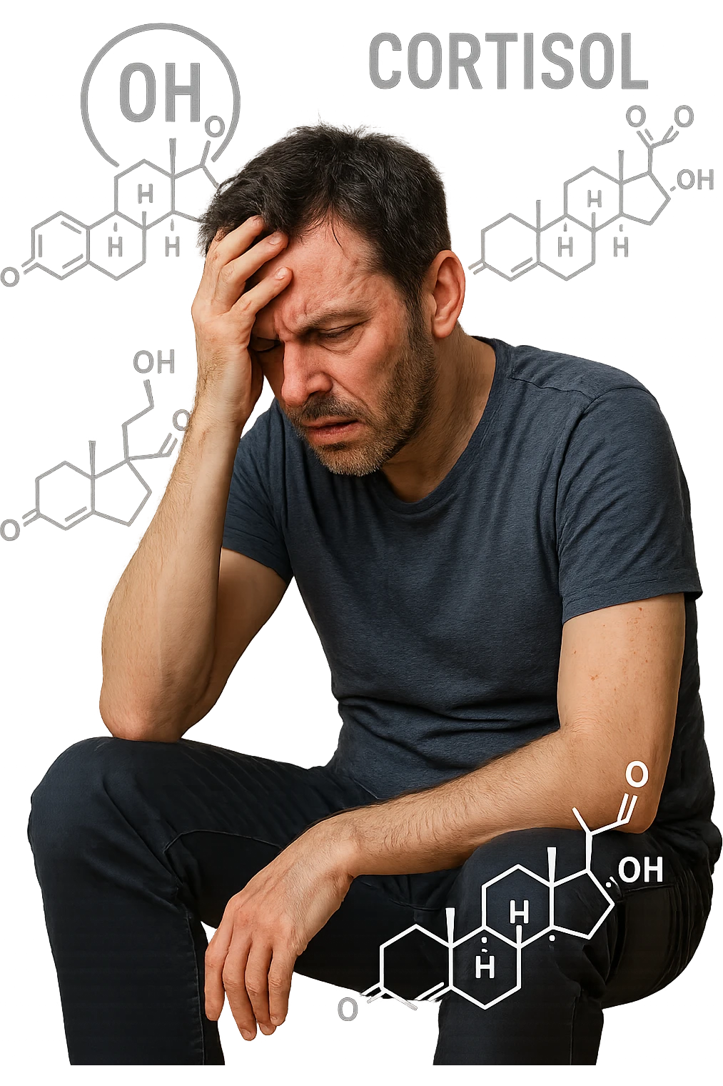 realistic and detailed image of high cortisol, human figure with signs of stress, tired eyes, agitation, visual elements representing cortisol hormone, no background, 2:3 aspect ratio emoji