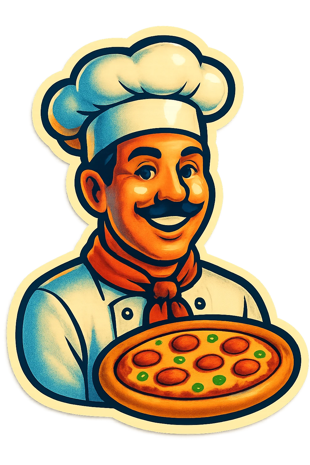 A pizza chef in retro stickers style, with a chef's hat and a retro vibe emoji