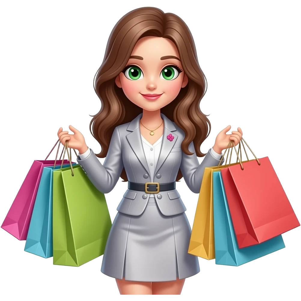 Chica bonita,ojos verdes con bolsas de compras caras en la mano emoji