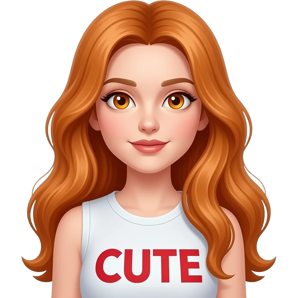 sexy girl with overlong ginger hair and ginger eyes a top with CUTE written on it emoji