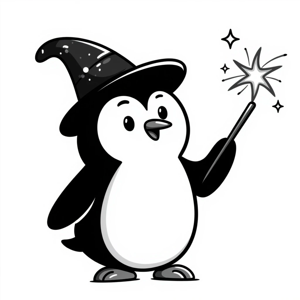 A penguin wizard with a round hat and a magic wand emoji