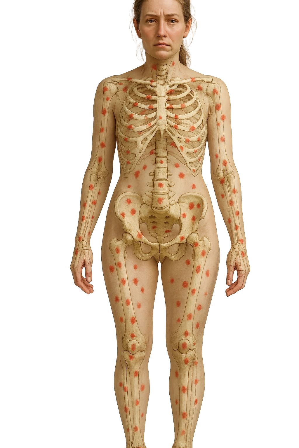 donna realistica a figura intera con red spot sparsi alle ossa, ossa del corpo visibili sul corpo, non sul volto iperrealistico 4k emoji