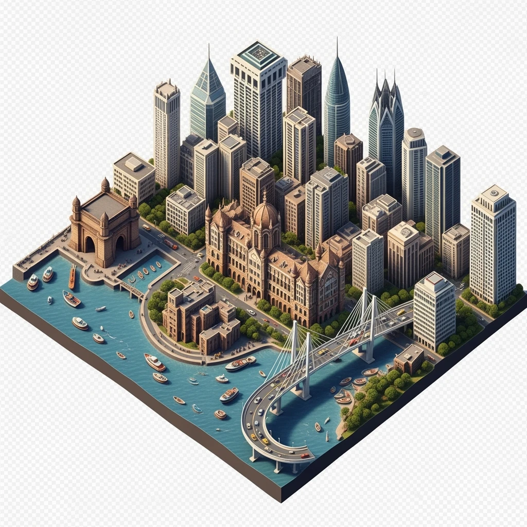 Isometric miniature of Mumbai city, featuring iconic landmarks like Gateway of India, Bandra-Worli Sea Link, Chhatrapati Shivaji Terminus,  clustered high-rises and skyscrapers, 3D miniature effect and Tilt Shift effect, no cartoonish look, transparent background. emoji