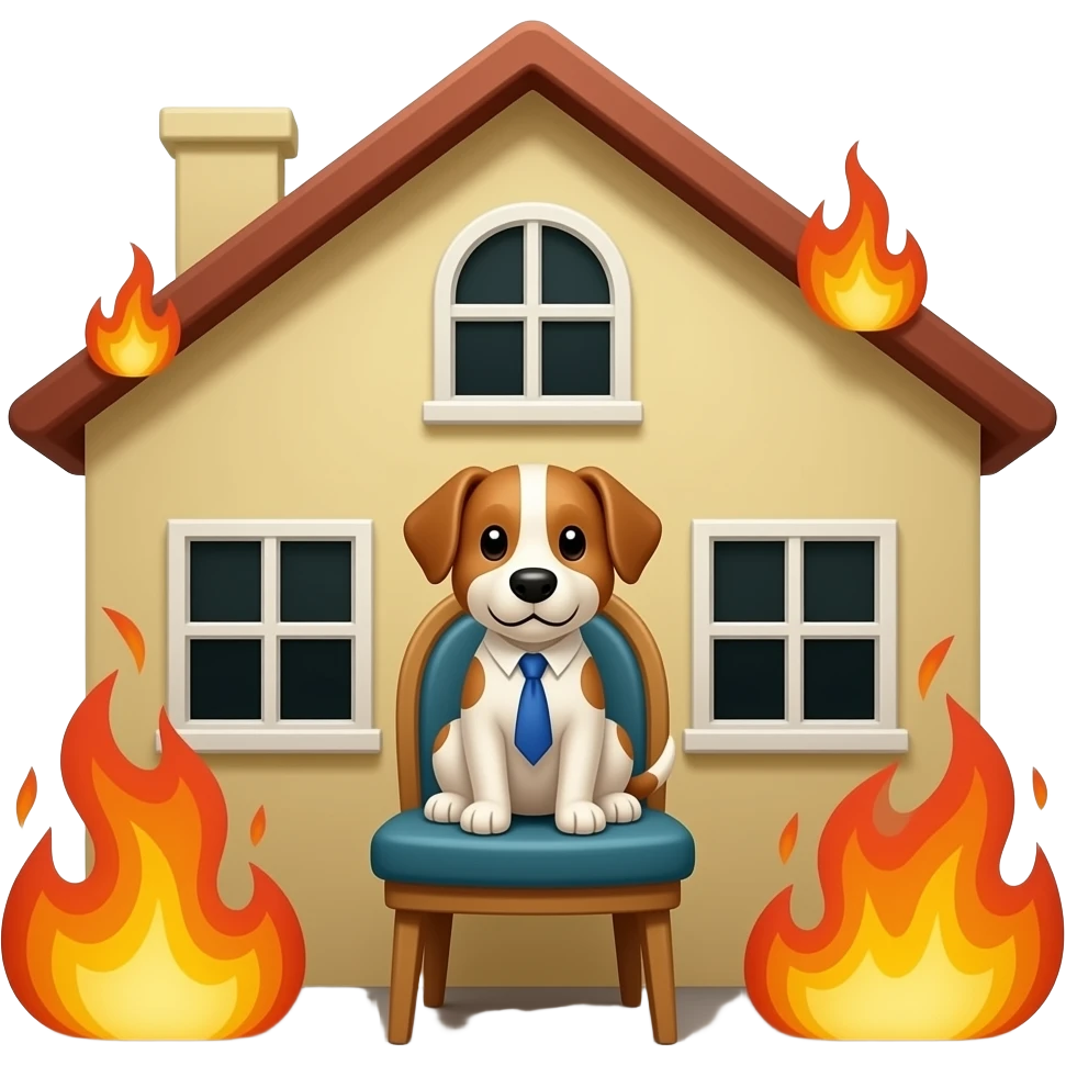 crea un emoji de un perro sentado en una silla como una persona y atras se esta quemando la casa el perro tiene que estar dentro de la casa y sin traje emoji