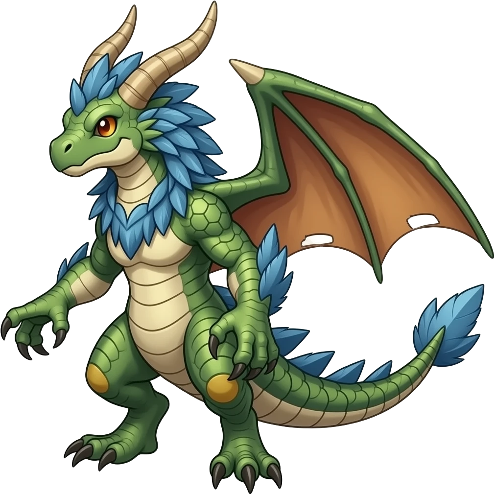 Raptorik scaley feathery horned Amaura-Wargreymon-Aurorus-ExVeemon-WereGarurumon-Pokémon-Fakémon-hybrid-fusion-creature, full body emoji