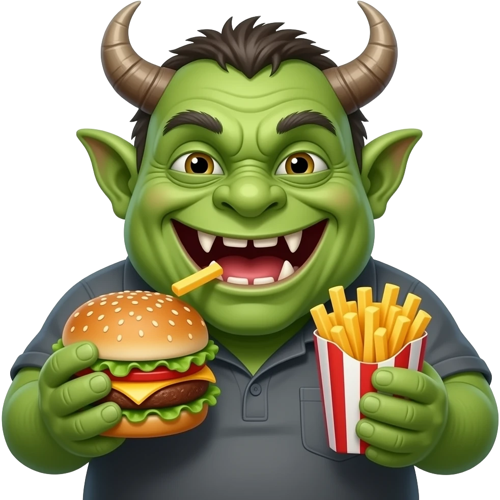 Fat goblin eating junk food with rotten teeth and smiling emoji