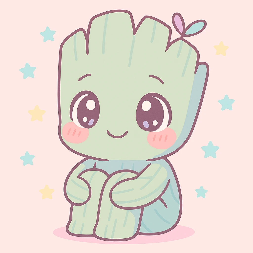 anime style Groot character, cute and shy, happy expression, sitting with knees up emoji