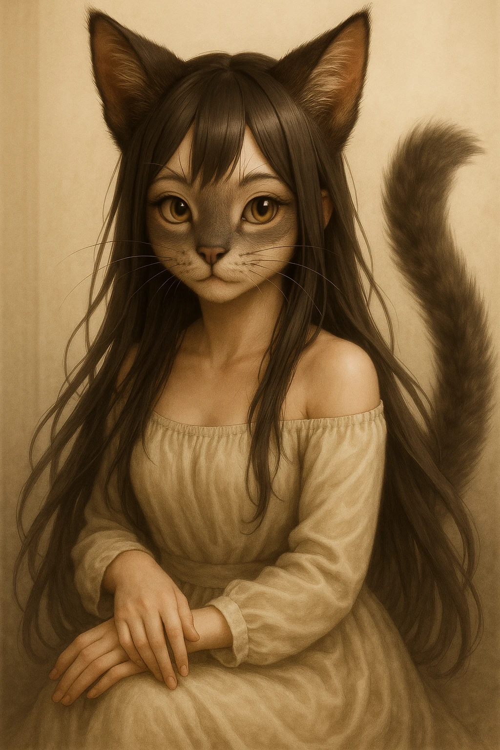 Enhance cat-like features with bigger cat ears, visible whiskers, feline nose, and a fluffy tail, maintaining a realistic anime look. emoji