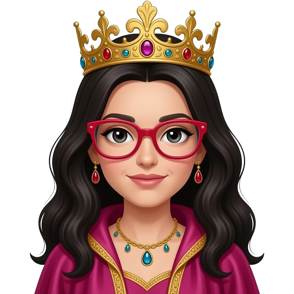 Queen, dark hair, dark eyes, big red glasses, crown,  jewels, pink emoji