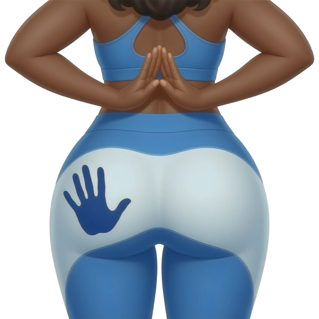 A extremely wide and fat blue and white big booty African showing her yoga pants back her buttocks with putting her hands behind the wall with a dark blue colored hand print on her left buttocks emoji