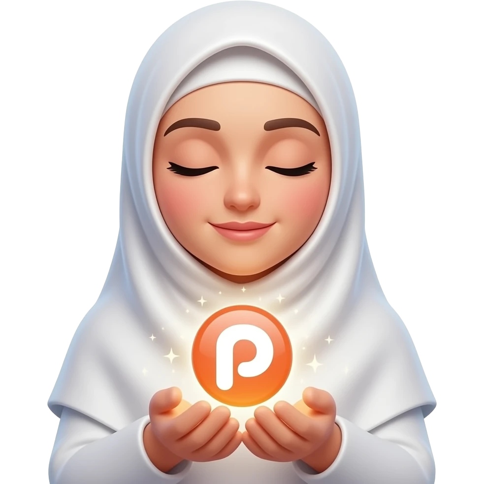 An ethereal Muslim woman, closed eyes, wearing a soft white satin hijab, gently cupping a luminous Patreon icon made of liquid light. Text: 'WHAT DO THEY GET IN?'. Isolated on white, magical stardust, 3D icon style emoji