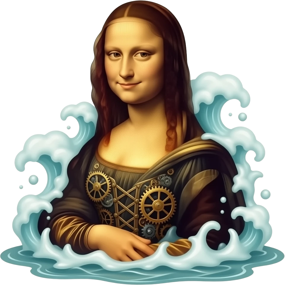 a steampunk style - the ethereal Venus from Sandro Botticelli's painting, born from sea foam, but has the face of Da Vinci's Mona Lisa emoji