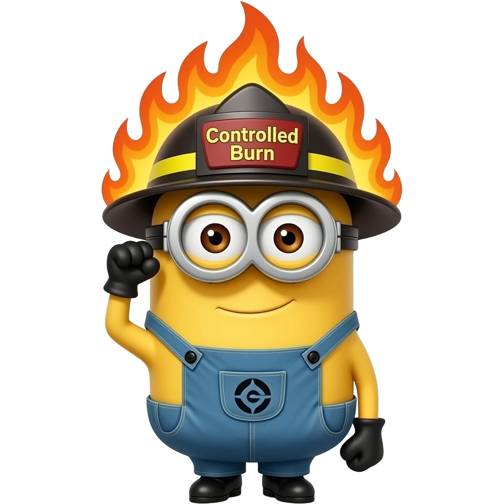 Minion vestido de bombeiro escreve "Queima Controlada" no capacete, com chamas ao... emoji