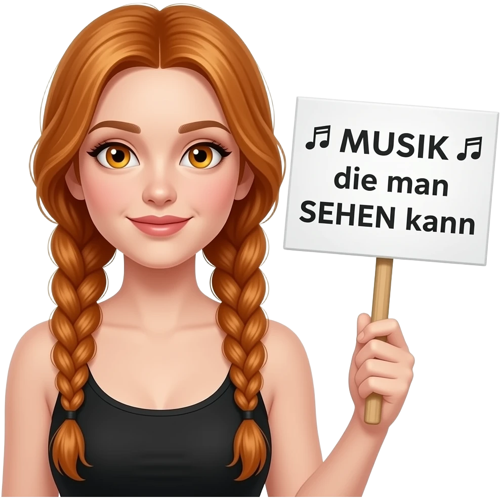 sexy girl with long ginger braids and ginger eyes wearing a black tanktop and is holding a white sign with 🎵MUSIK🎵 die man SEHEN kann written on it emoji