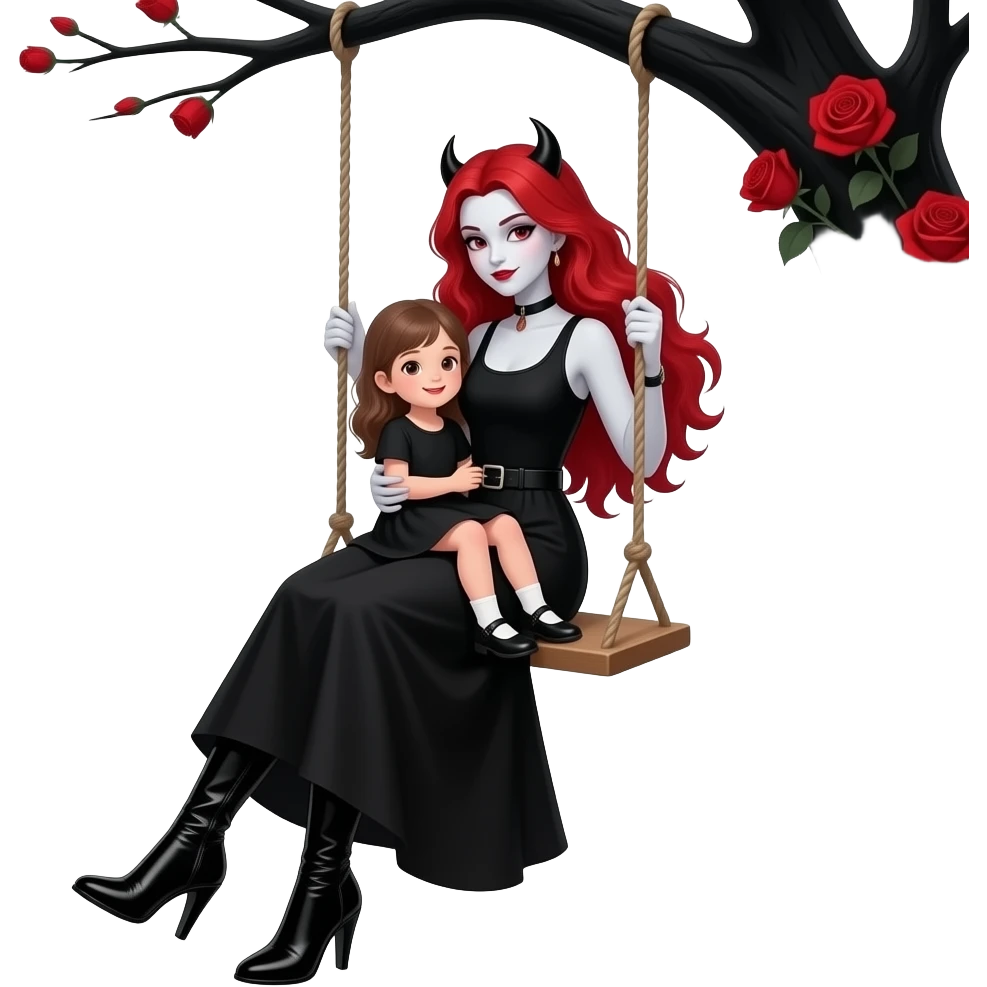 Vampiro adolescente femmina con pelle bianca e capelli rosso ondulati lunghi che indossa una gonna lunga nera e un top-canottiera nera e degli stivali lunghi neri con tacco e che dondola su un altalena attaccata a un albero nero con rose rosse con in braccio una bambina di 5 anni VAMPIRA emoji