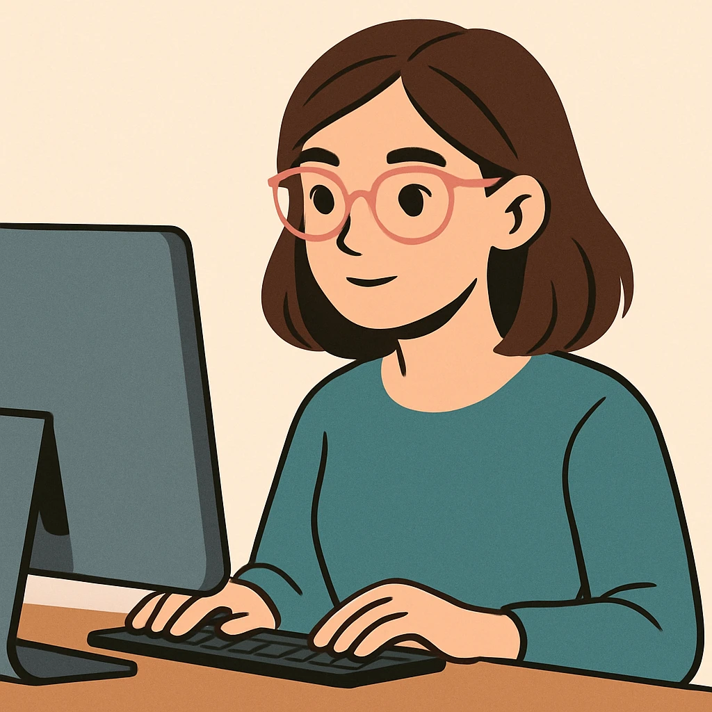 woman with light pink glasses working on computer, light skin, brown hair, modern digital illustration style, simple background emoji