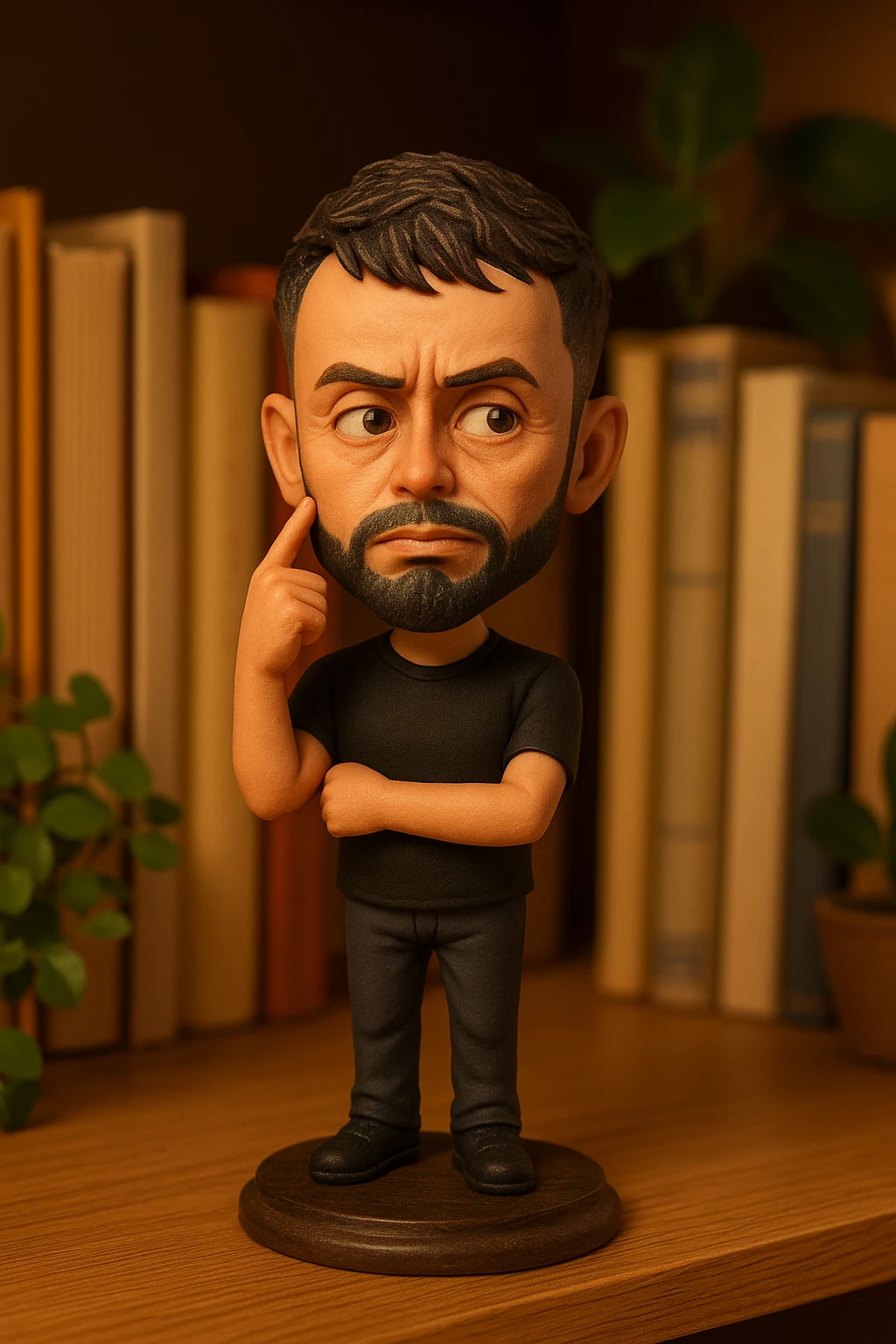 Сгенерируй героя c картинки он держит палец у головы в стиле Think about It emoji