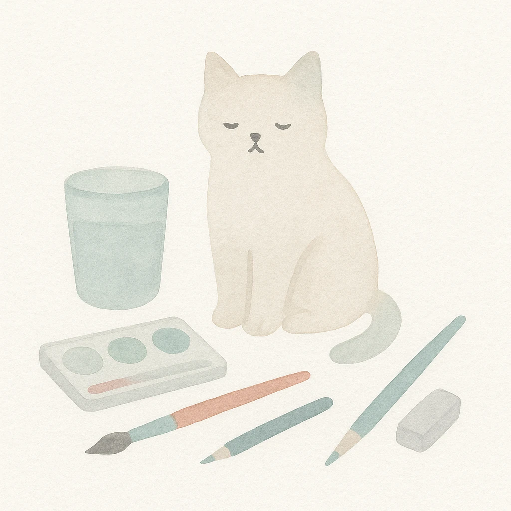 cat surrounded by art supplies, watercolor style emoji
