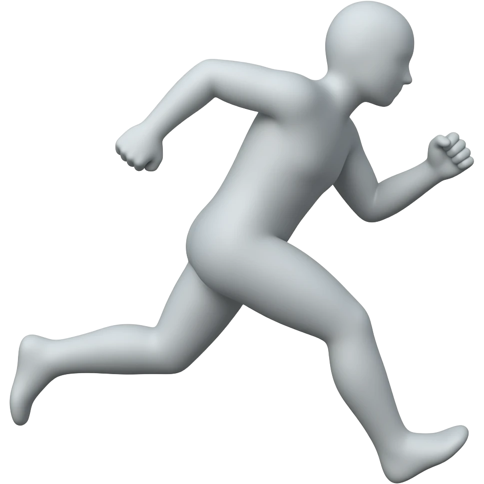 A high-quality 3D rendered illustration in of a minimal human runner silhouette in motion. The character is simplified, with no facial details, smooth rounded shapes, and soft gradients. The runner is slightly leaning forward, showing movement and speed. emoji