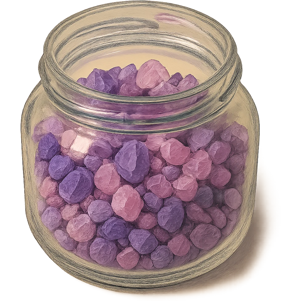 very realistic purple and pink crystal small rough pebbles in an open glass jar, mixed together, natural colors, soft, fairy-like atmosphere, no background, square size emoji