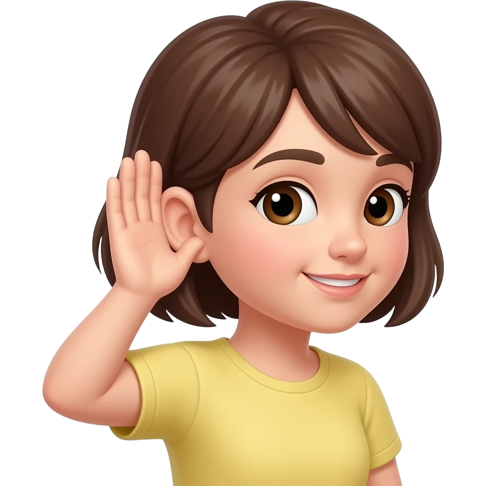 girl listening, half side view, her hand placed next to her ear (not covering it), palm slightly cupped and facing the ear as if to hear better emoji