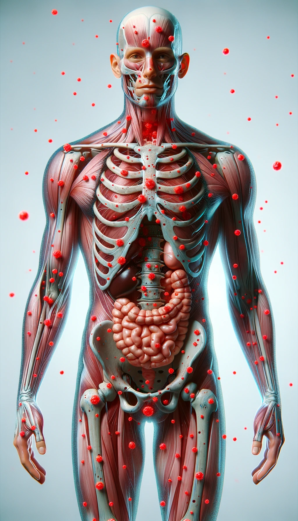 CORPO UMANO ANATOMICO CON RED SPOT DI INFIAMMAZIONE SPARSI SUL CORPO, SFONDO CHIARO, iperrealistico 4k emoji