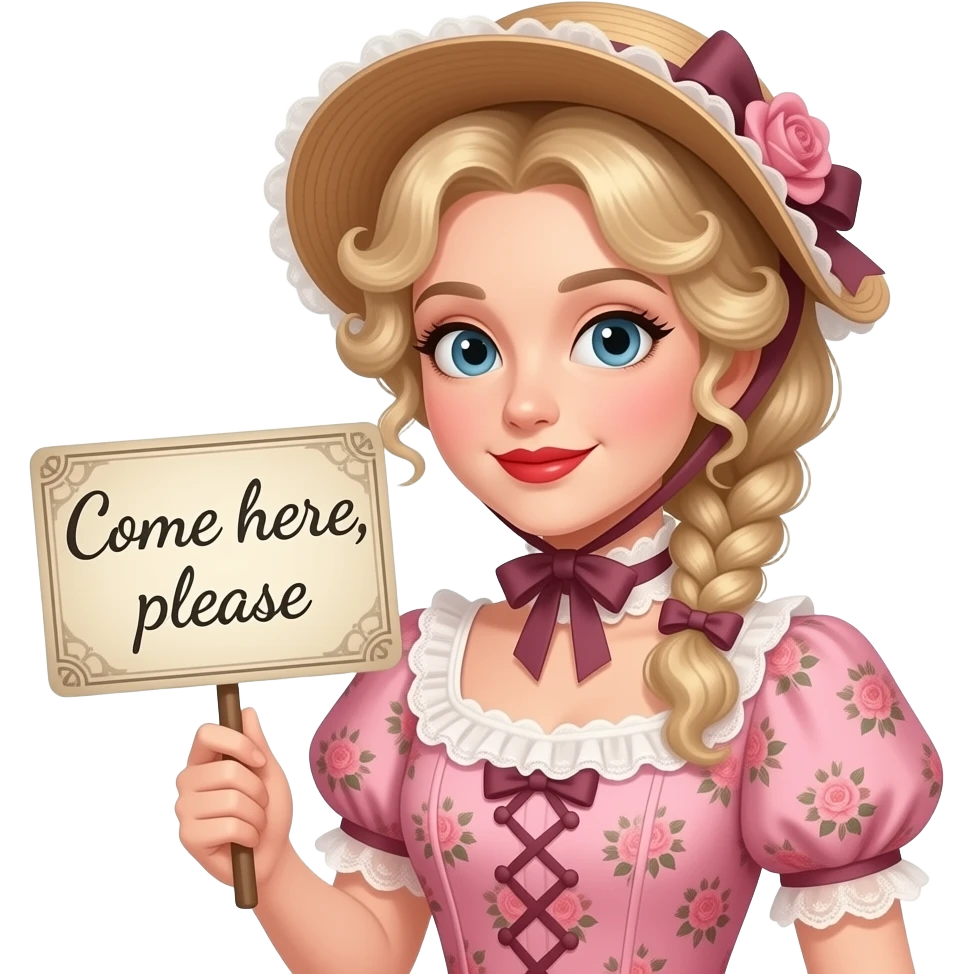 short blonde with spiral curly hair side swept bob pinned in a French twist  with a vintage sign saying come here, please in an 1800 pink floral outfit  and victorian hat in red lipstick emoji