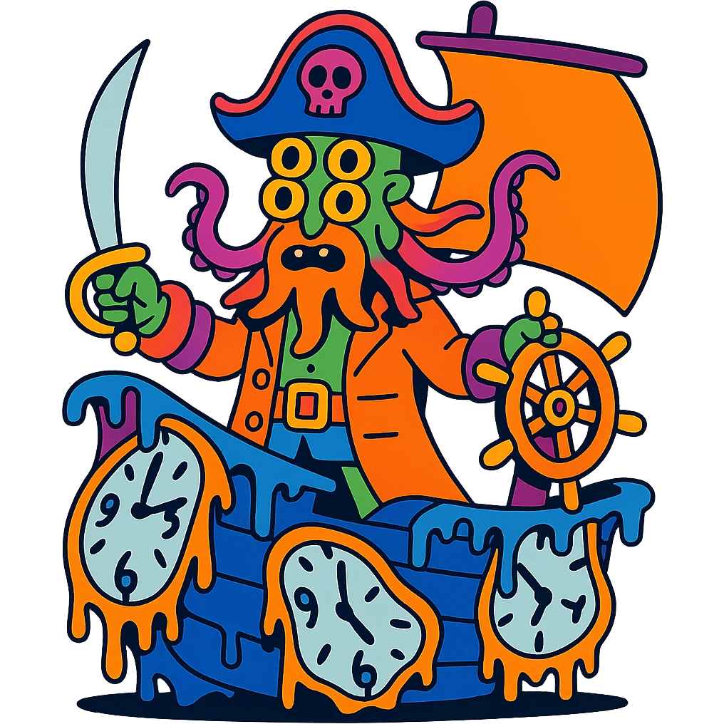 surreal pirate captain with multiple eyes and tentacles, standing on a ship made of melting clocks, vibrant weird cartoon style, no text emoji
