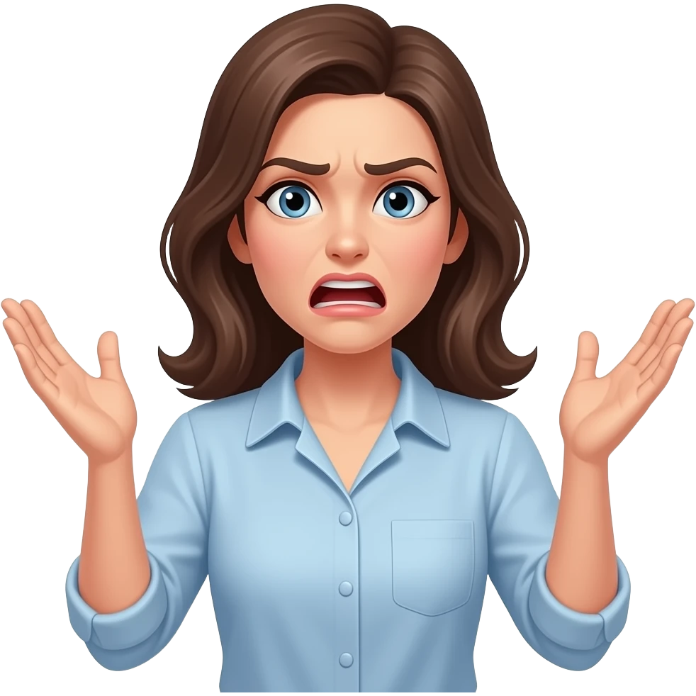 Женщина возмущенна и не понимает, разводит руками, ладони вверх, не знает emoji