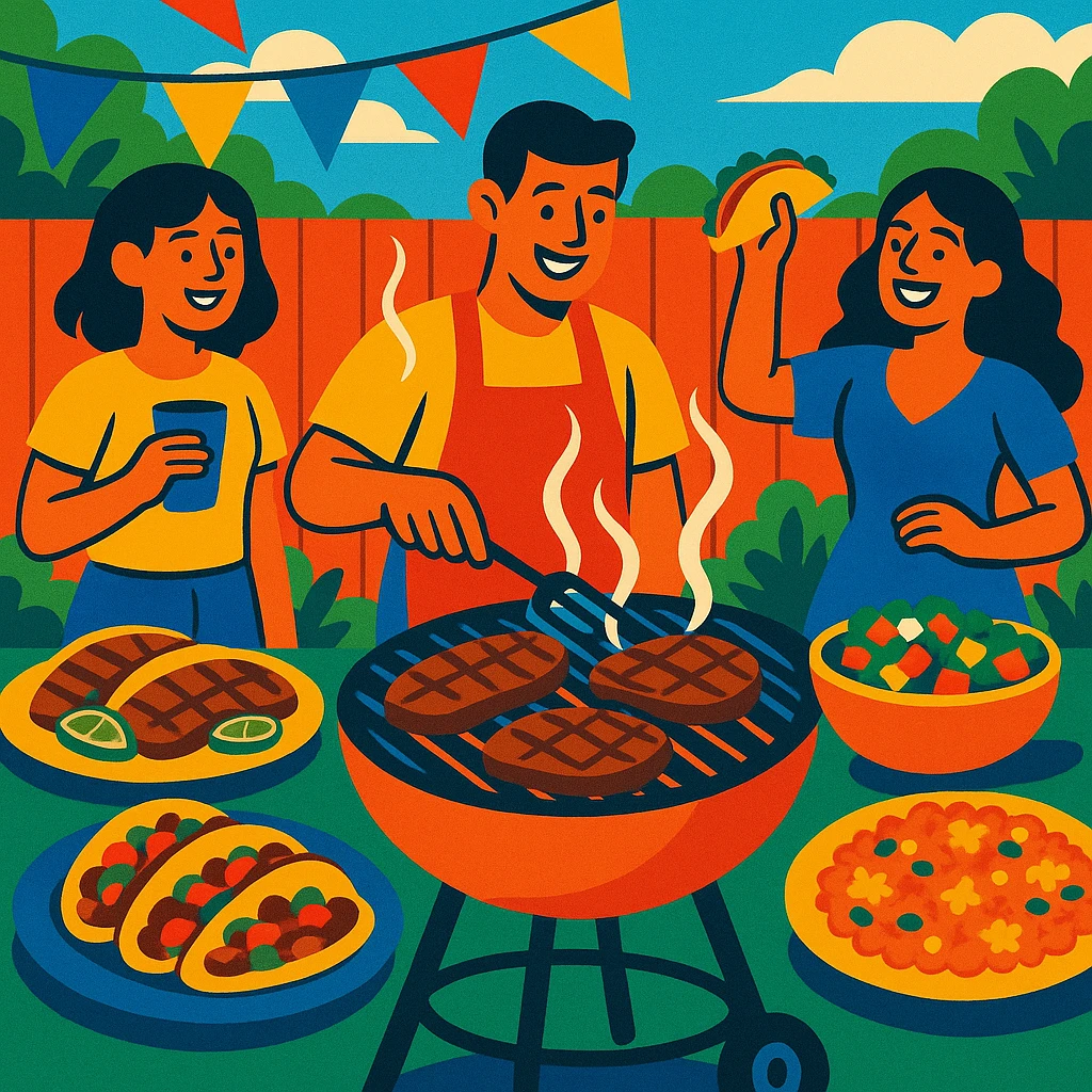 festive backyard grill scene with carne asada, colorful and lively emoji