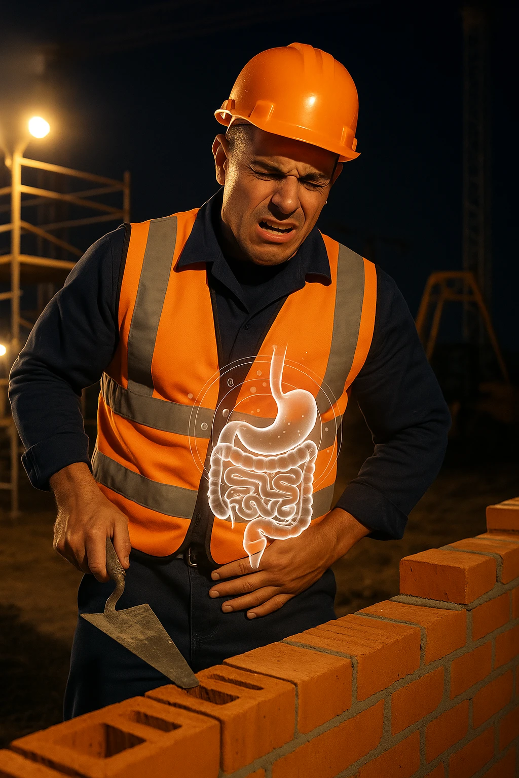 a construction worker in a reflective vest and hard hat is laying bricks at a nighttime construction site, illuminated by strong work lights. He pauses, one hand on his abdomen with a pained or uncomfortable expression, while the other holds a trowel. In the background, scaffolding and machinery are visible under the night sky. Subtle icons or overlays highlight digestive organs, suggesting the need for intestinal balance. emoji