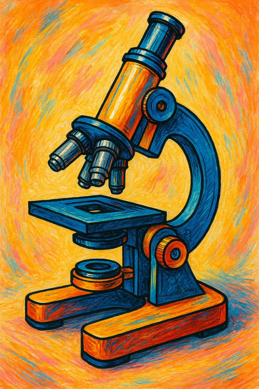 Сгенерируй мне  в ярком рисованном стиле микроскоп металический emoji