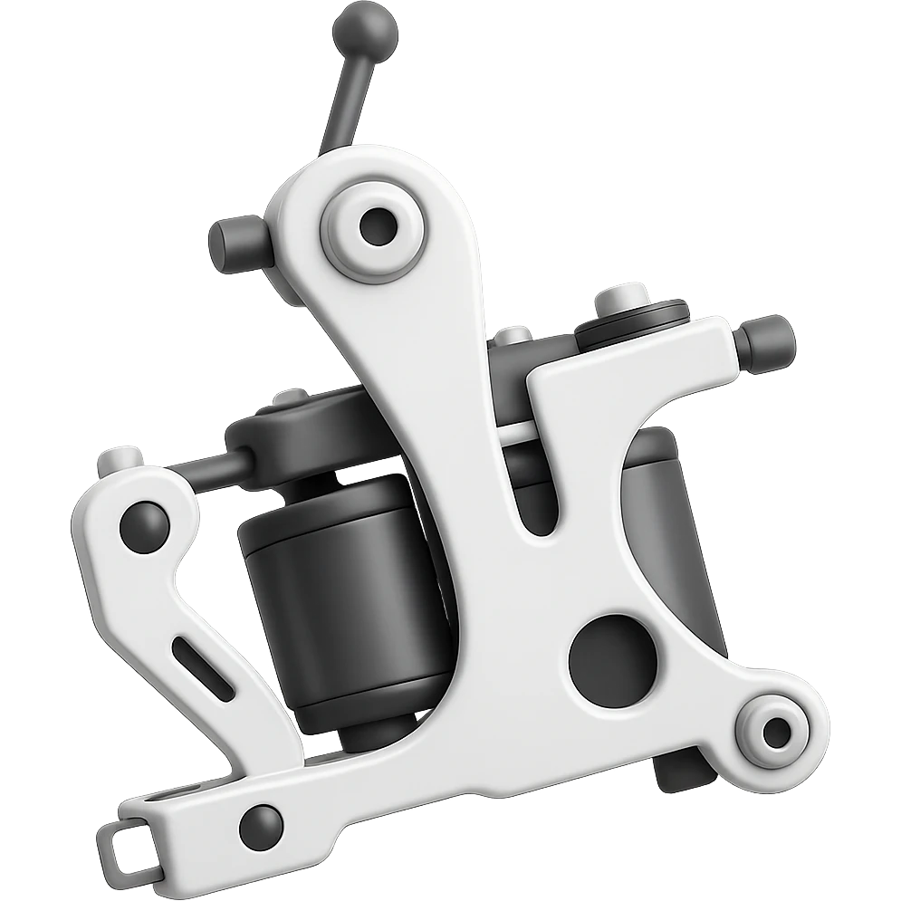 Tattoo machine in 3D emoji style, black and white only, no color, shiny and playful, simple details, transparent background, resembling microsoft style 3d fluent emojis but in black and white. emoji
